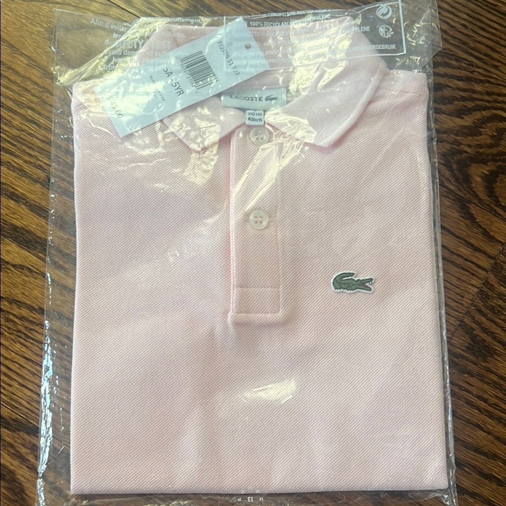 NWT - Lacoste Baby Pink Polo Shirt - Sz 5 Youth